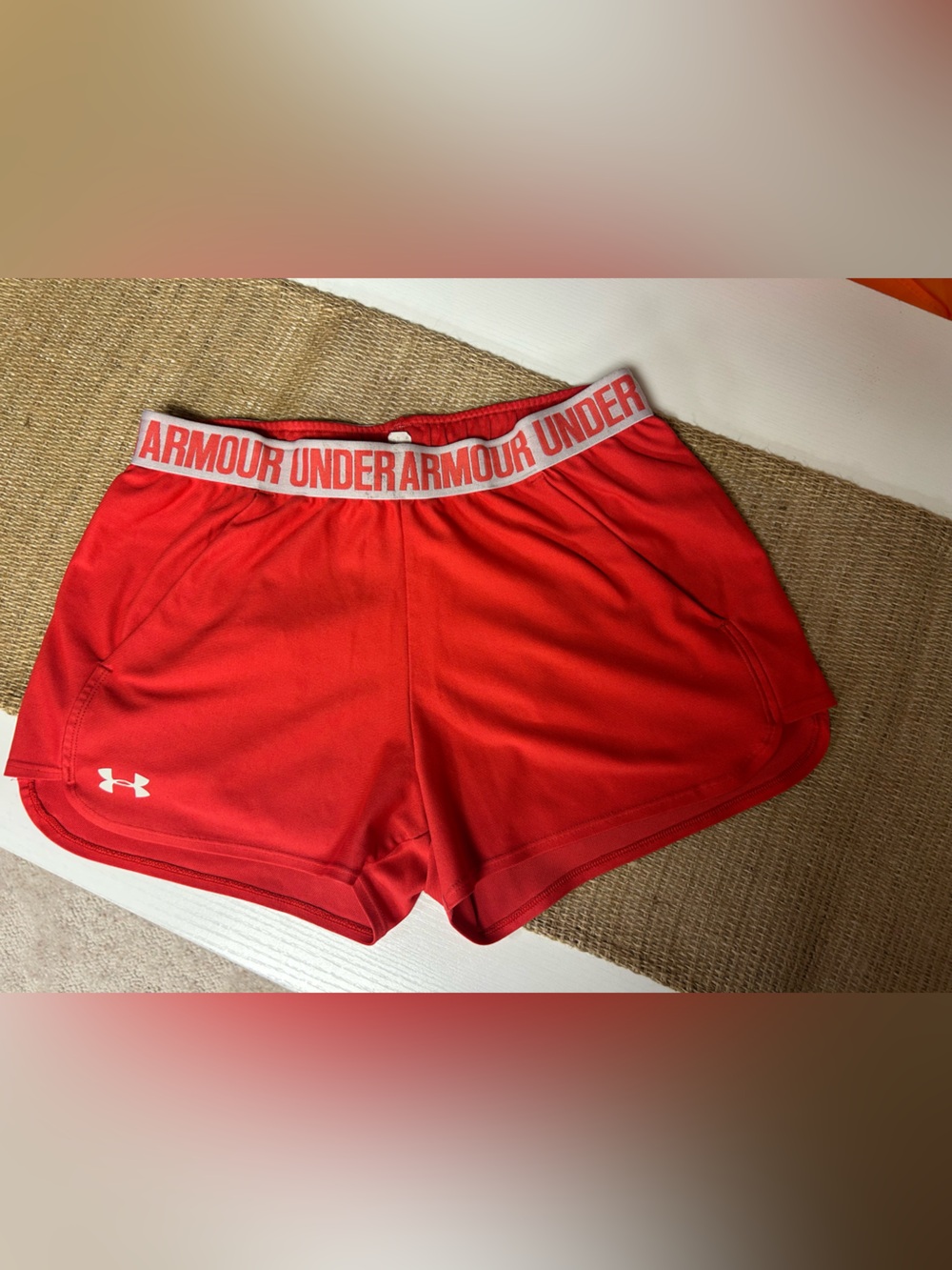 Under Armour Women's Red Athletic Shorts with Branded Waistband women’s Medium